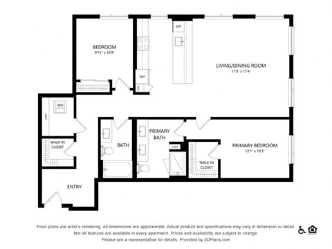 Floor plan for 2 beds, 2 baths, 1281 sqft